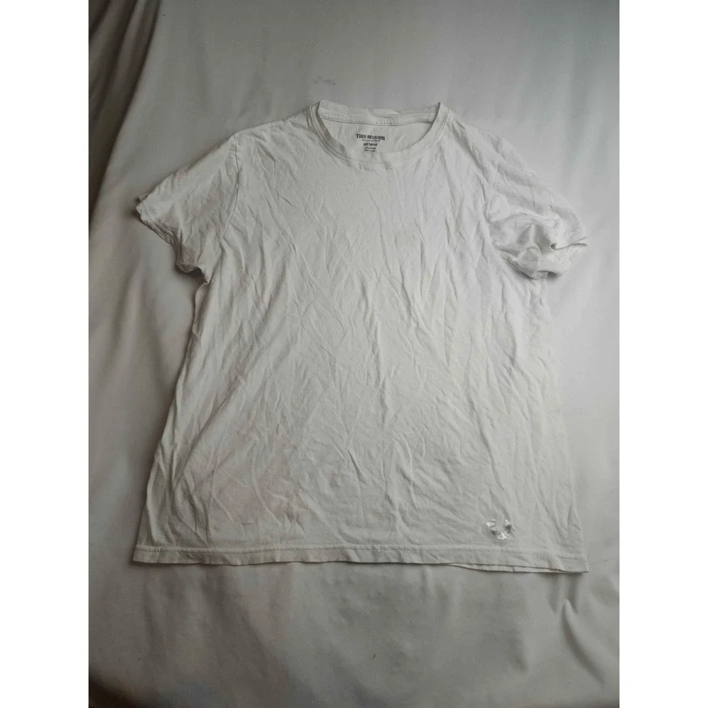 True Religion Mens White Short Sleeve Crew Neck T-Shirt Silver Logo Size Medium